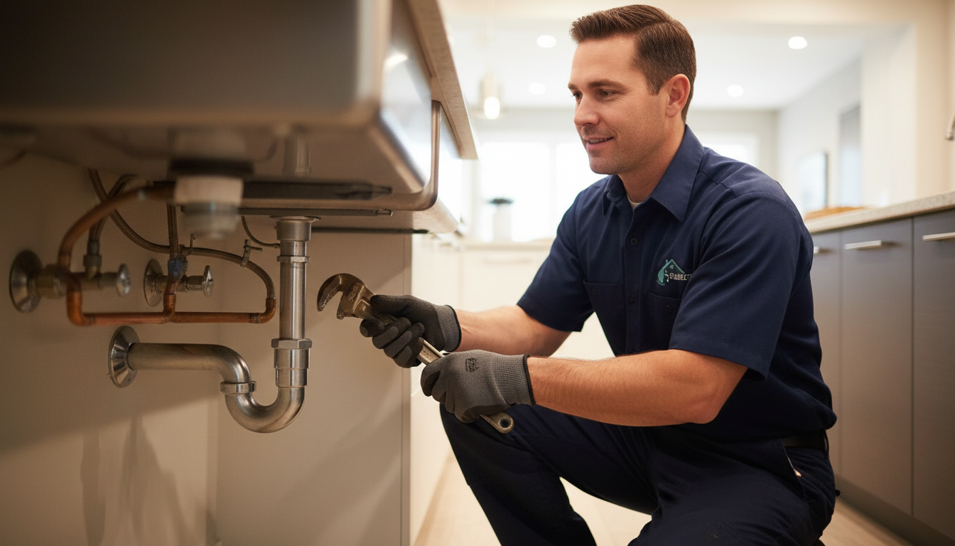 Professional plumber working on pipes